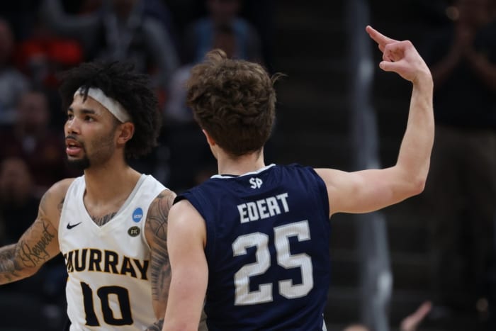 St. Peter's Peacocks guard Doug Edert (25) reacts to play in the second half against the Murray State Racers during the second round of the 2022 NCAA Tournament at Gainbridge Fieldhouse.